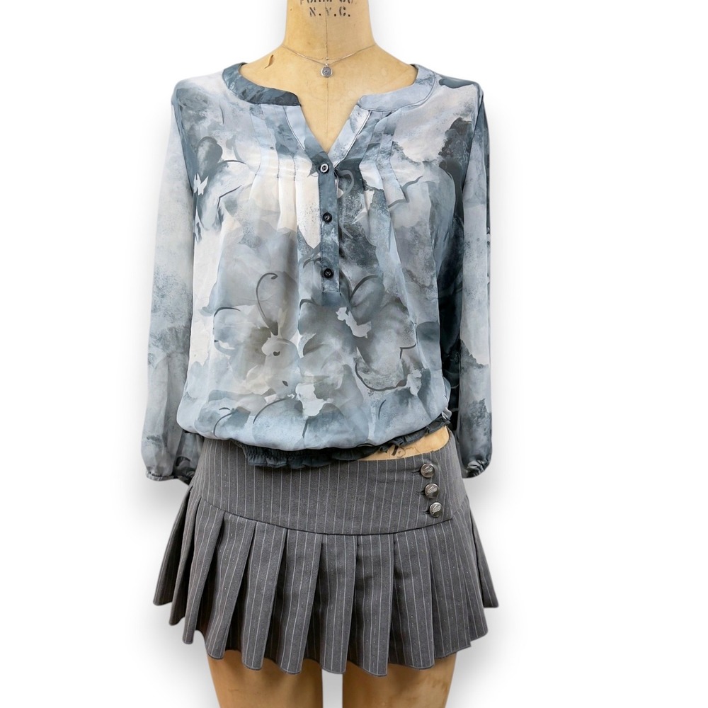 Y2K Sheer Floral Blouse Chiffon Smocked Hem‎ Peasant Boho Fairycore Size M